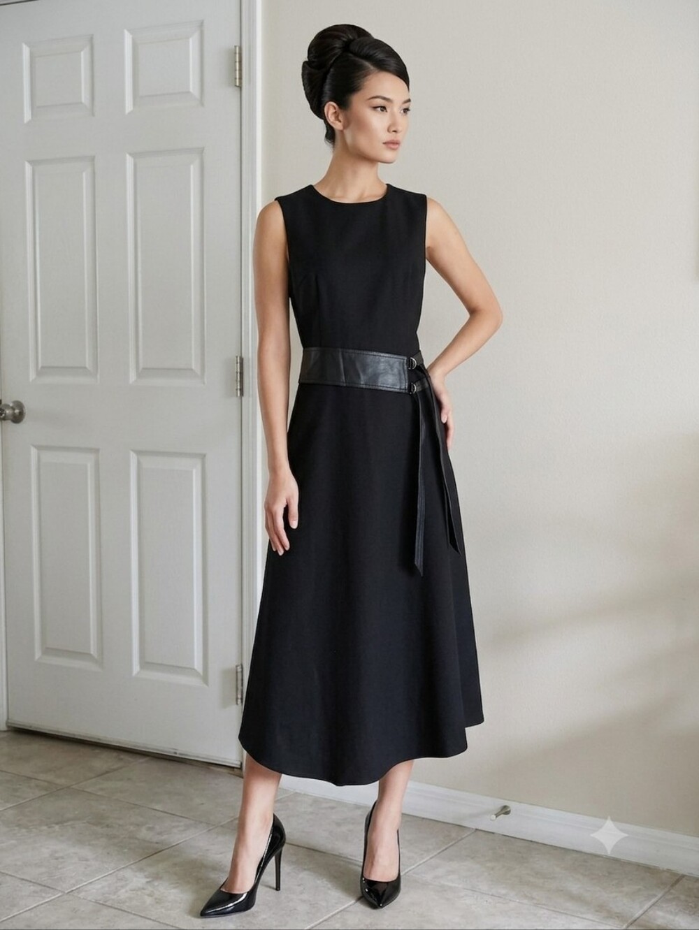 Classic Black Sleeveless A-Line Dress with‎ Leather Waist Belt Size S/M